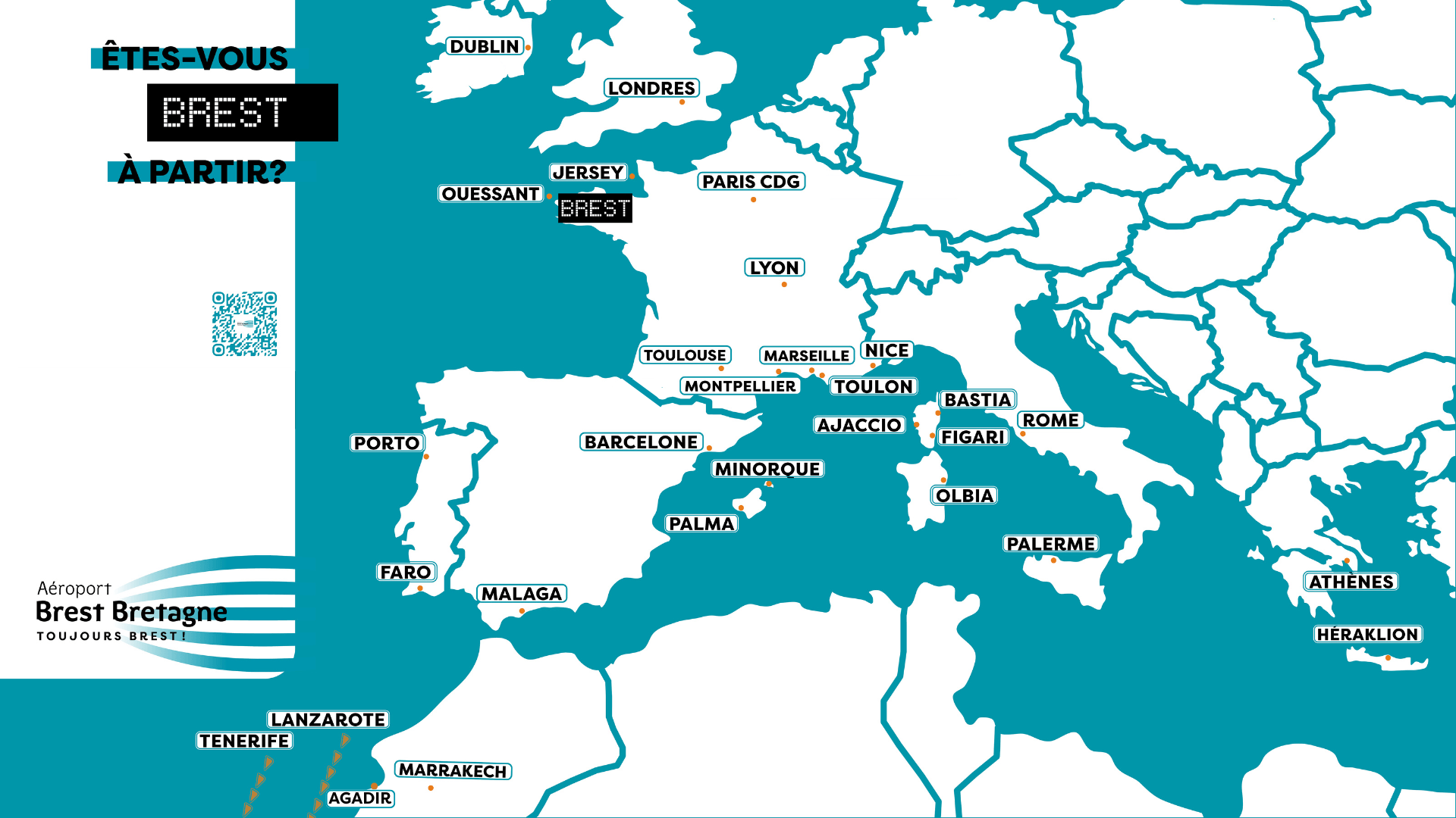 Carte des liaisons directes au départ et à l'arrivée à Brest