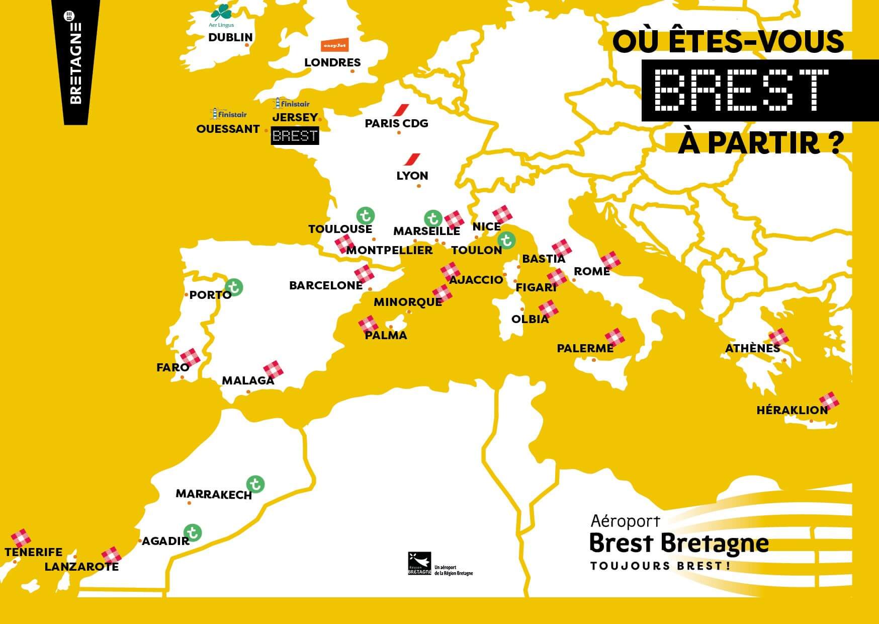 Carte des destinations en vol direct au départ de Brest